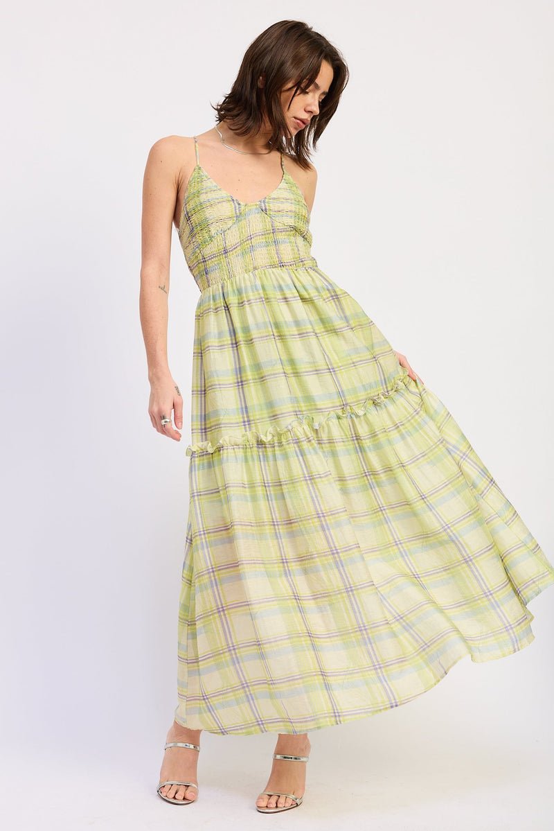 Ondine Lime Plaid Smocked Maxi Dress