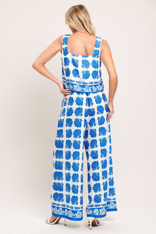 Blue Coastal Print Top & Wide Leg Pants Set