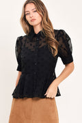 Women's Black Swiss Dot Puff Sleeve Peplum Blouse