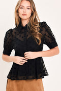 Women's Black Swiss Dot Puff Sleeve Peplum Blouse