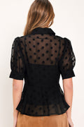 Women's Black Swiss Dot Puff Sleeve Peplum Blouse