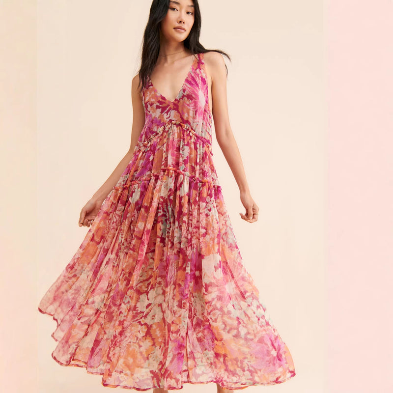 Boho Floral Ruffle Maxi Dress