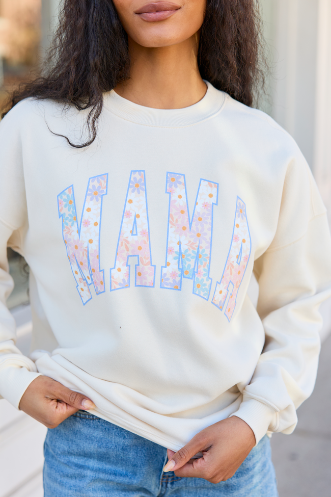 Mama Block Multi Daisy Print Cream Graphic Sweatshirt