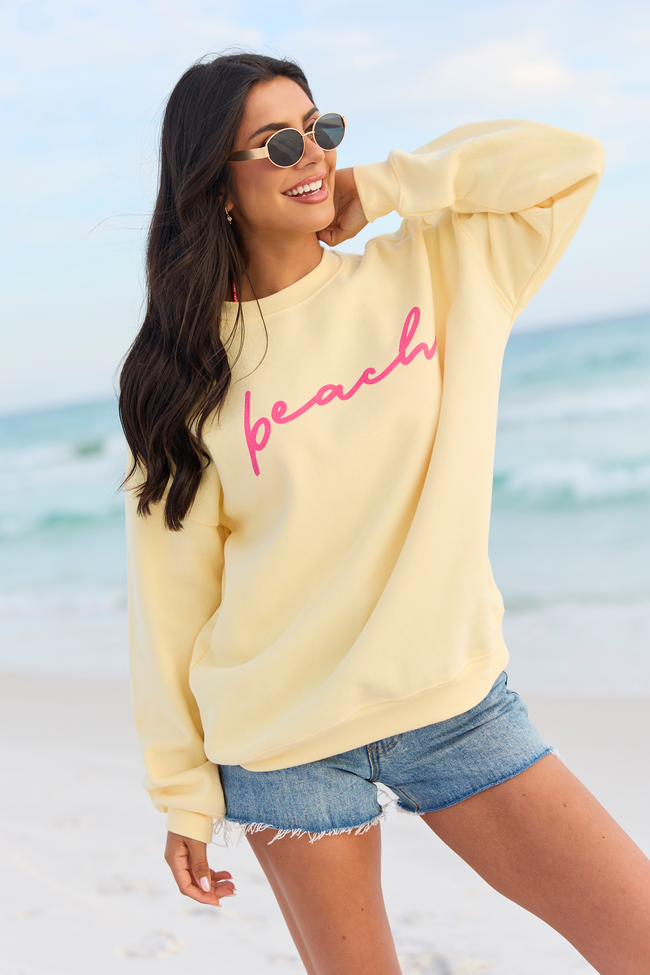 Beach Script Yellow Oversized Graphic Sweatshirt