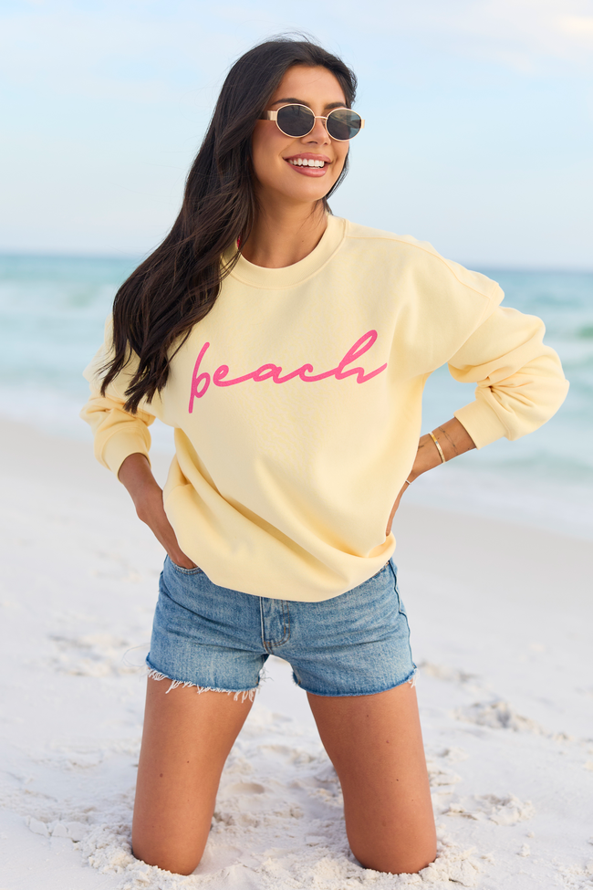 Beach Script Yellow Oversized Graphic Sweatshirt