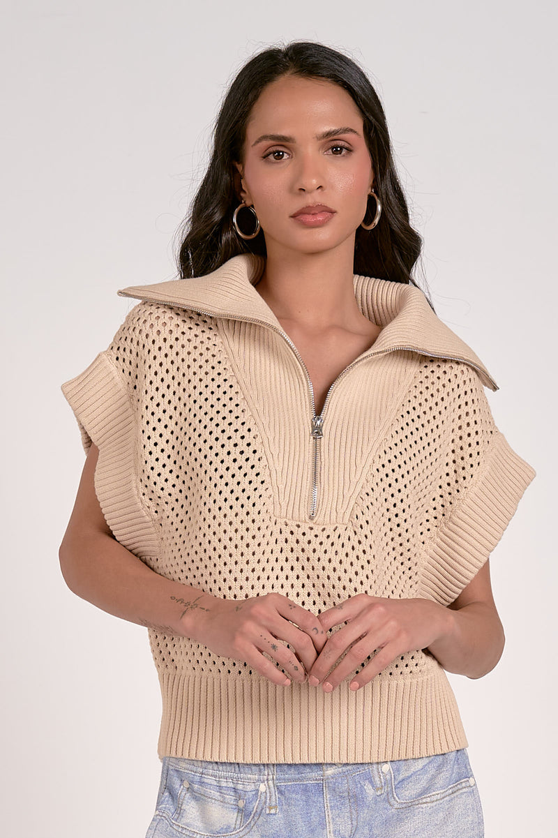 Allie Sand Quarter-Zip Short Sleeve Sweater