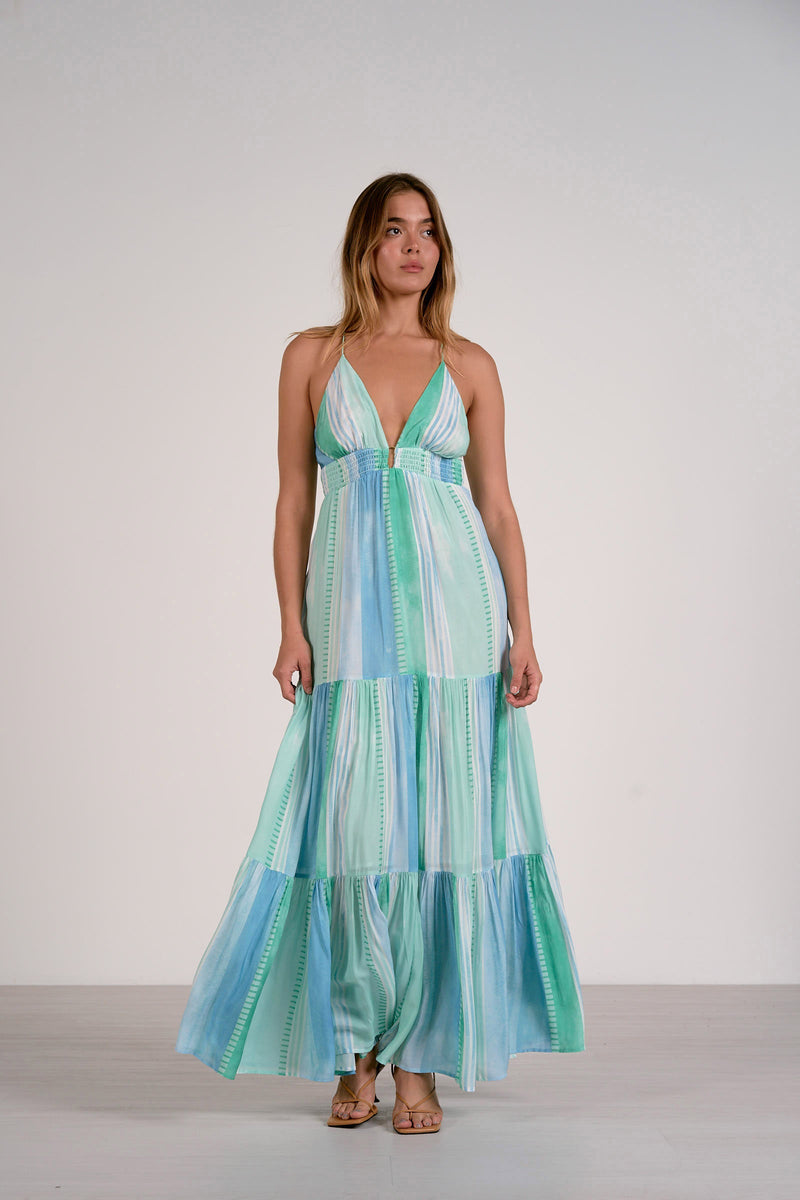 Strovia Blue Tiered Spaghetti Strap Maxi Dress