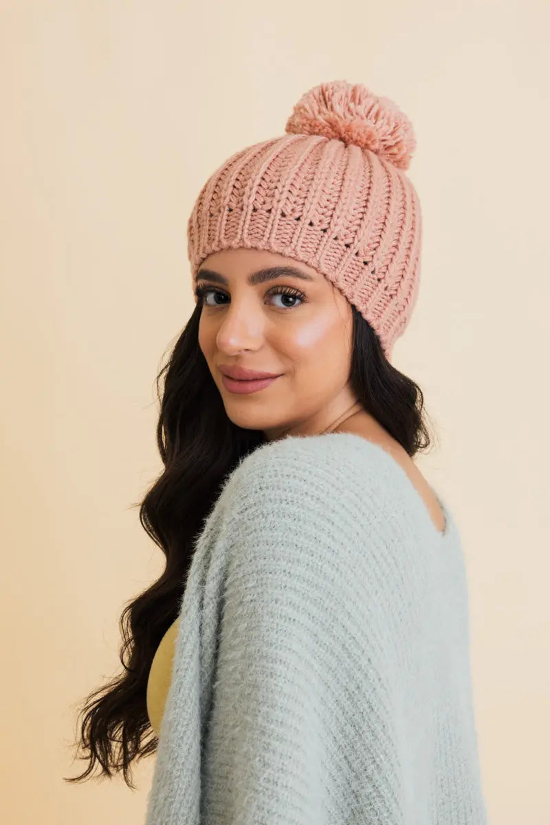 Women's Chunky Cable Knit Pom Pom Beanie