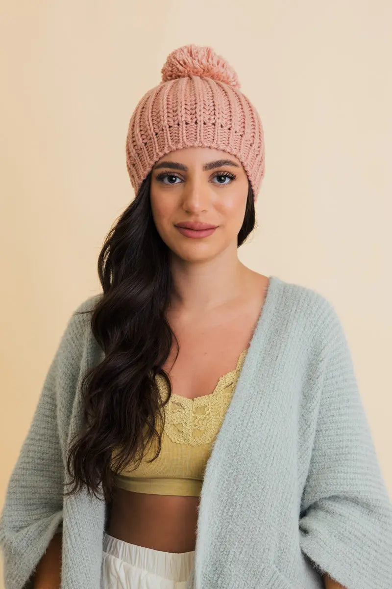 Women's Chunky Cable Knit Pom Pom Beanie