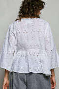 POL Eyelet Embroidery Peplum Button Front Cotton Shirt