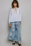 POL Lace Eyelet Long Sleeve Cotton Blouse