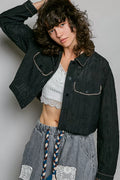 POL Cropped Button-Front Eyelet Cotton Jacket