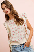 BiBi Flower Printed Ruffle Sleeve Top