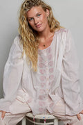 POL Embroidered Gathered Shoulder Long Sleeve Shirt