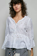 POL Eyelet Embroidery Peplum Button Front Cotton Shirt
