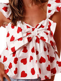 Heart Print Bow Front Ruffle Tank Top