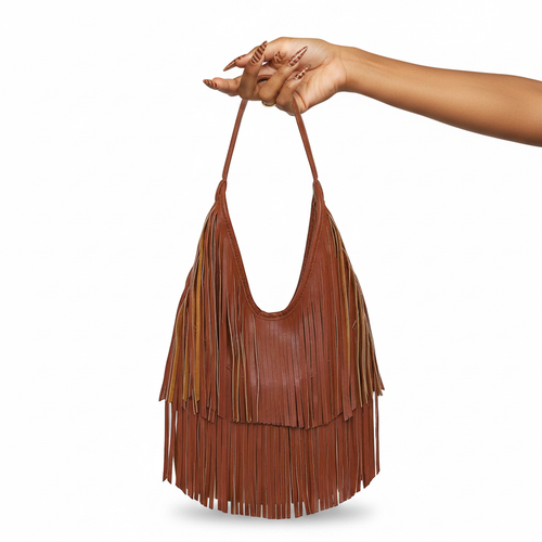 Boho Fringe Leather Hobo Shoulder Bag with Tassels