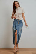 SO ME Pleated Washed Denim Skirt
