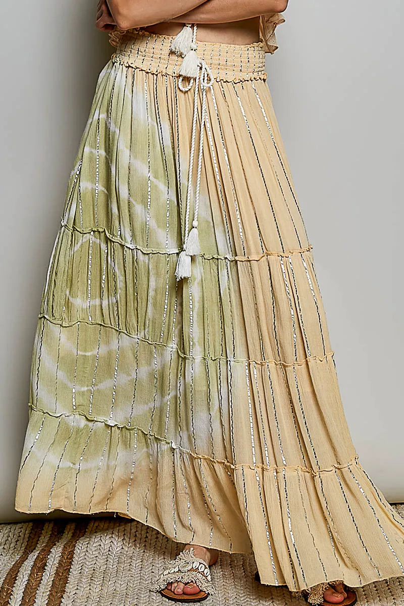 POL Shimmer Tiered Reverse Ruffle Maxi Skirt