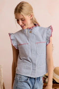 SO ME Stripe Twill Stitch Ruffled Hidden Button Vest Top