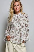 POL Floral Lace Trim Pintuck Button-Down Shirt