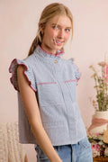 SO ME Stripe Twill Stitch Ruffled Hidden Button Vest Top