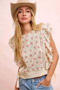 BiBi Flower Printed Ruffle Sleeve Top