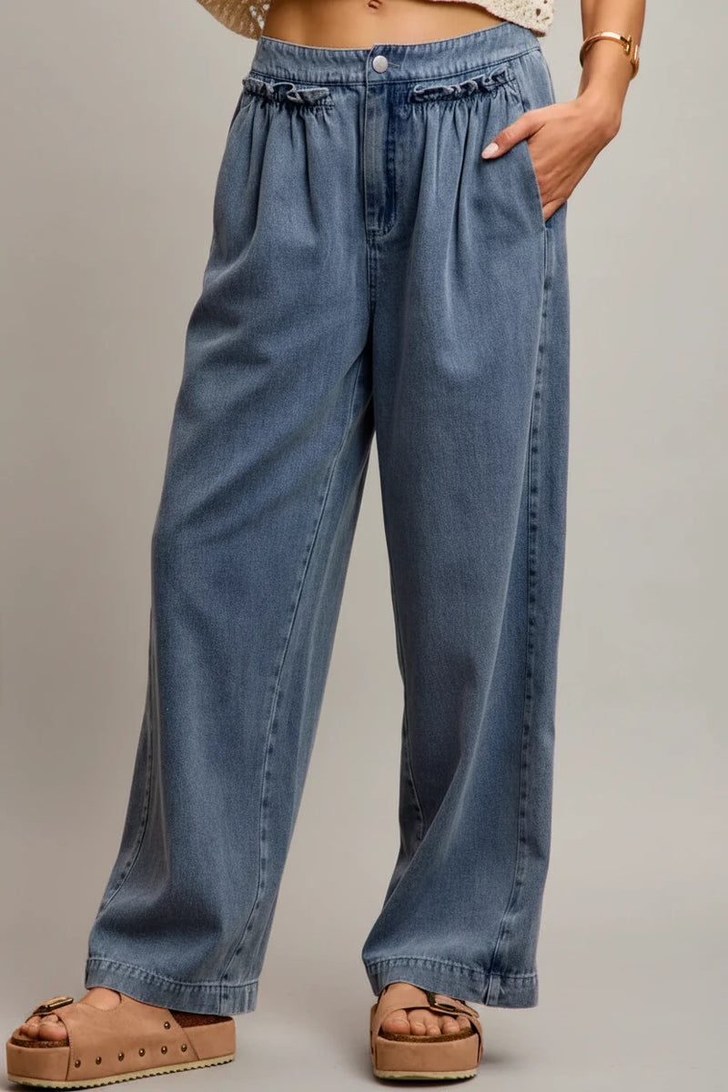 SO ME Mid Rise Ruffled Front Elastic Wide Leg Jeans