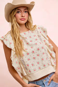 BiBi Flower Printed Ruffle Sleeve Top
