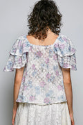 POL Lace Detail Floral Tie Front Ruffle Short Sleeve Blouse
