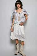 POL Lace Detail Floral Tie Front Ruffle Short Sleeve Blouse