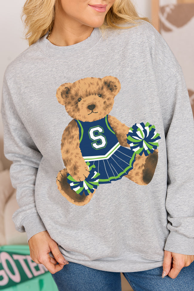 Vintage Cheer Teddy Bear Light Grey Oversized Graphic Sweatshirt